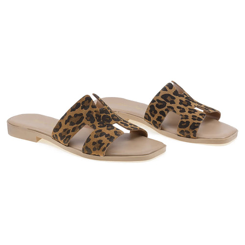 Papuci Dama, H, Casual, Piele naturala intoarsa, Leopard