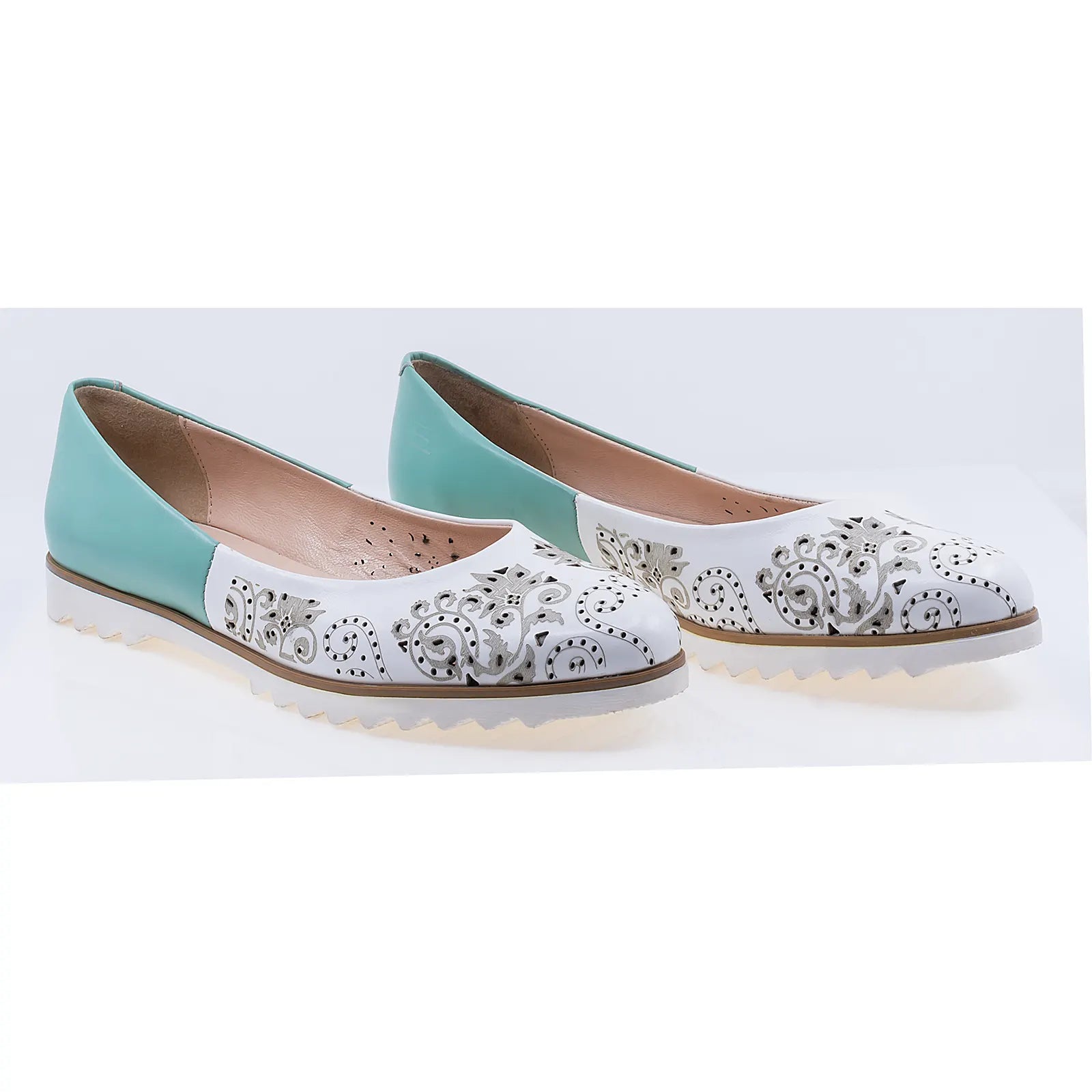 Balerini dama casual piele naturala Caspian Corida alb/verde