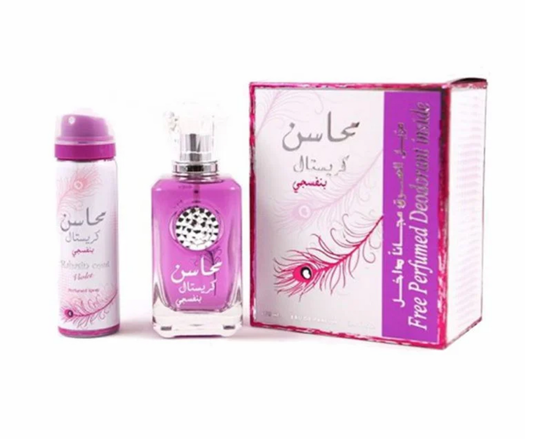 Parfum-Set Dama, Arabesc, Lattafa, Mahasin Crystal Violet, Apa de Parfum 100 ml + Deodorant 50 ml