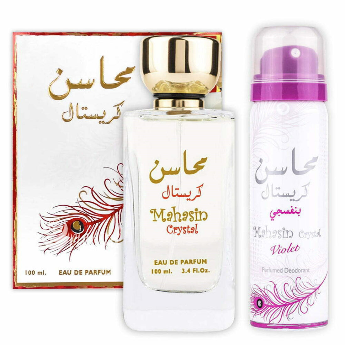 Parfum-Set Dama, Arabesc, Lattafa, Mahasin Crystal, Apa de Parfum 100 ml si Deodorant 50 ml